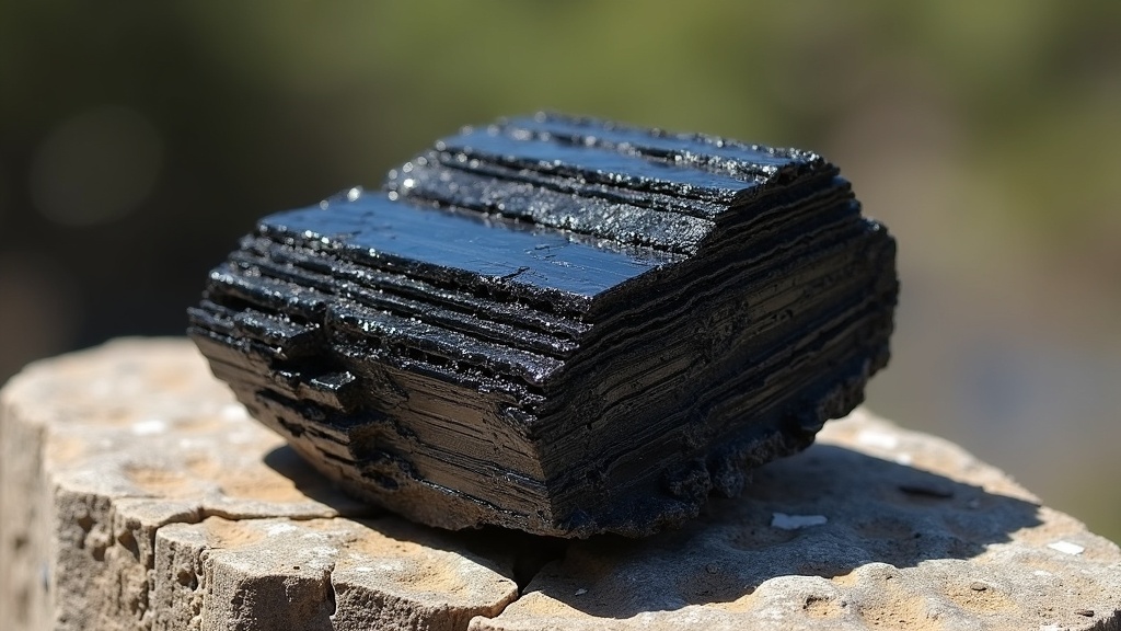 A chunk of Black Tourmaline placed on a slab of natural rock, with sunlight casting dramatic shadows on its striated surface. No people, no text.