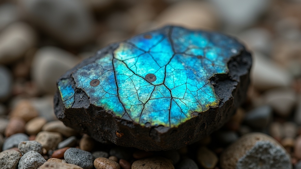 A close-up photo of labradorite displaying its blue-green iridescence amid a natural stone background.