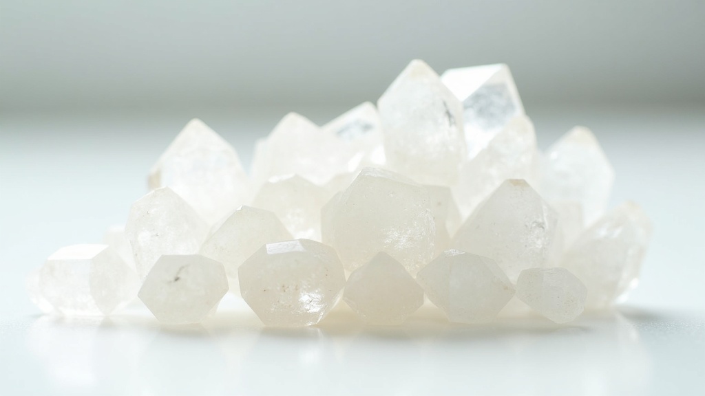 A cluster of clear quartz crystals, arranged on a white surface, sparkling in soft natural light.