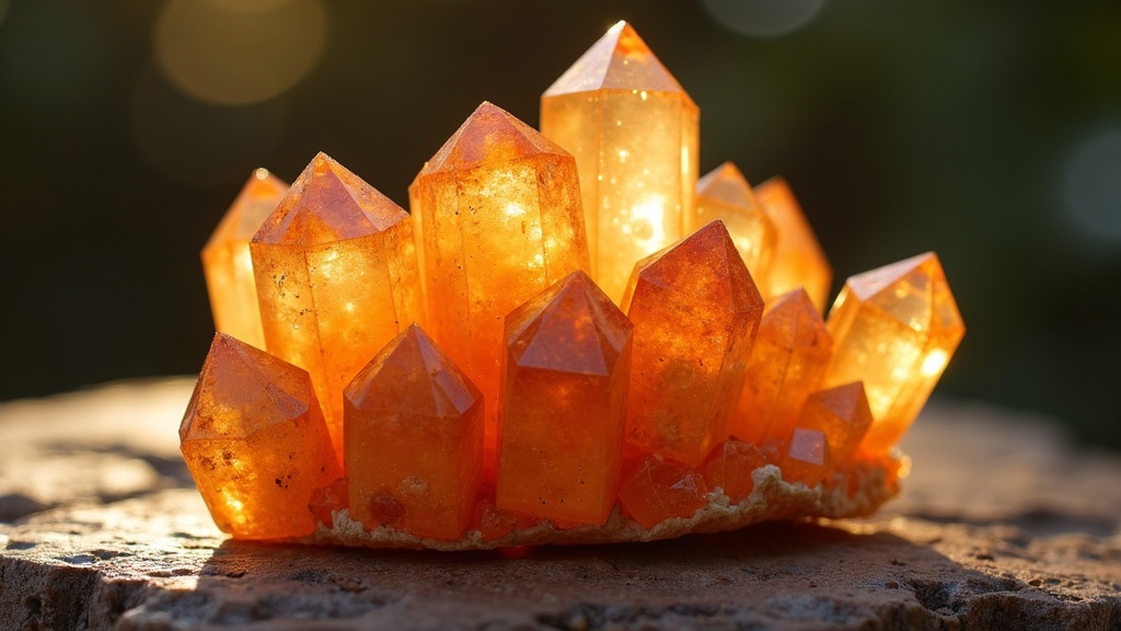 A cluster of polished sunstone crystals with a sparkling, golden-orange glow, placed on a natural stone surface.