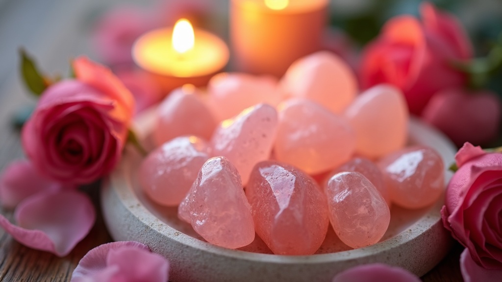 A delicate arrangement of naturally tumbled rose quartz crystals, nestled among blooming rose petals and gentle candlelight, evoking calm and a heartwarming ambiance.