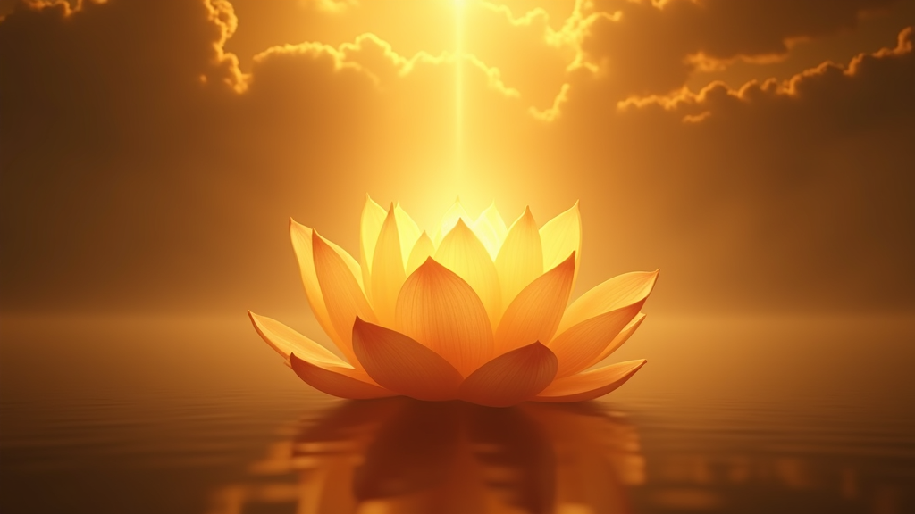 A glowing golden lotus floating in radiant light, surrounded by gentle celestial clouds and faint outlines of an ancient city in the background. No people or text.