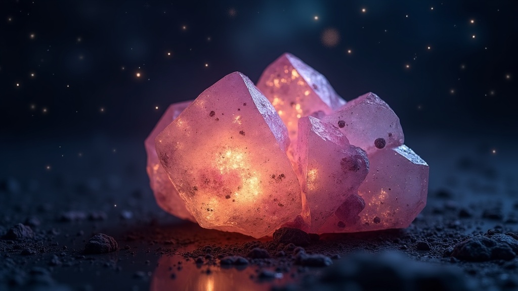 A glowing piece of lepidolite crystal surrounded by stars and softly glowing cosmic light