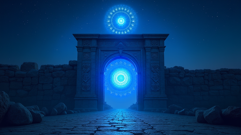 A luminous indigo mandala, symbolizing the Third Eye Chakra, superimposed over an ancient city gate glowing beneath a starlit sky