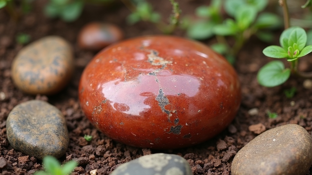 A polished red jasper stone resting on brown earth, surrounded by other natural stones and small green plants.