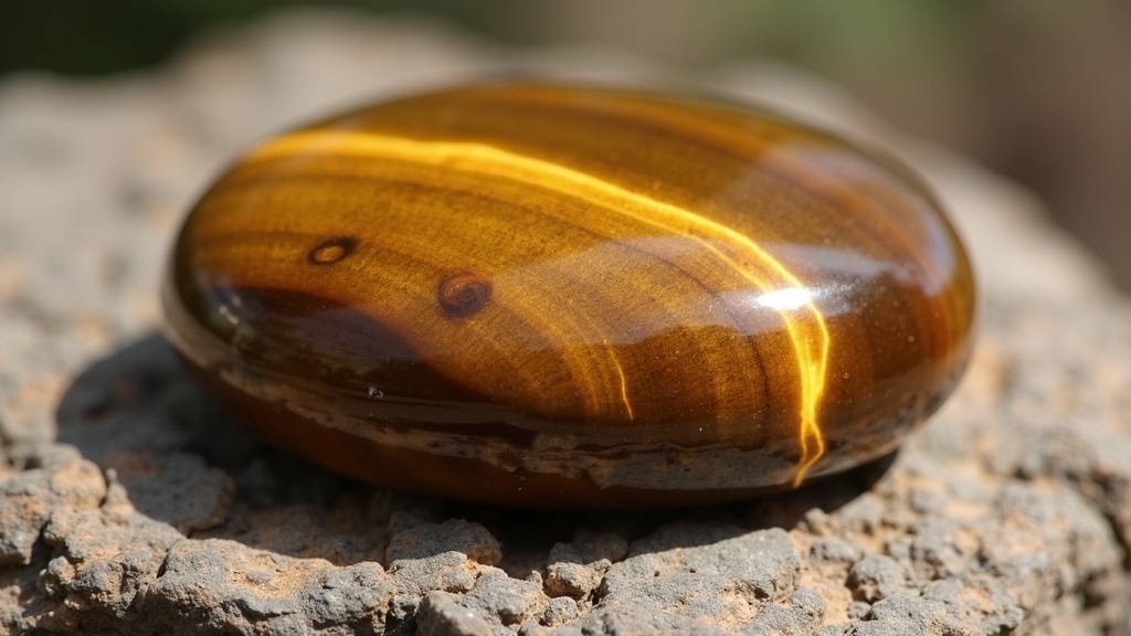 A polished Tiger's Eye gemstone with a shimmering golden-brown band, resting on a natural stone surface