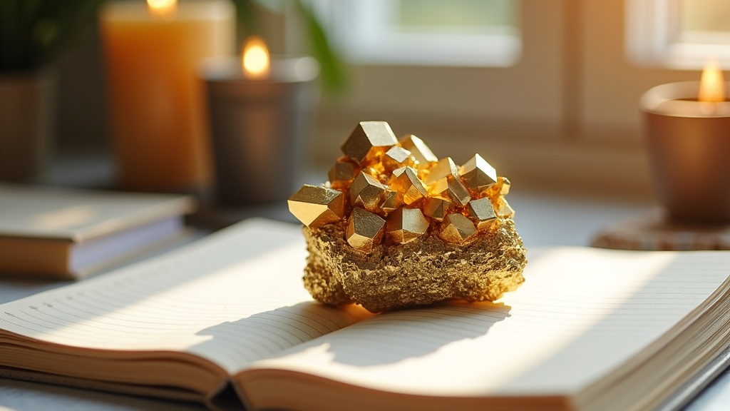 A shimmering pyrite crystal cluster resting on an open journal, with sunlight highlighting its golden metallic luster against a tidy desk with motivational objects like candles and planners.