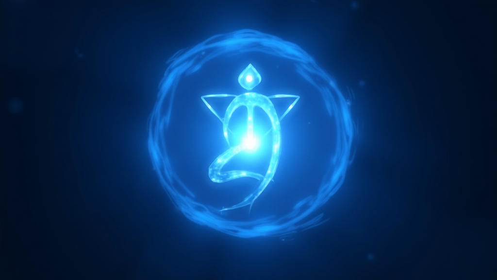 A stylized blue glowing symbol representing the throat chakra (Vishuddha), surrounded by swirling energy, with subtle light gradients.