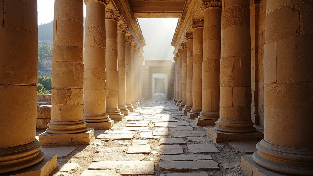 An ancient stone walkway extending between massive columns at the ruins of Ephesus, with scattered sunlight and shadows