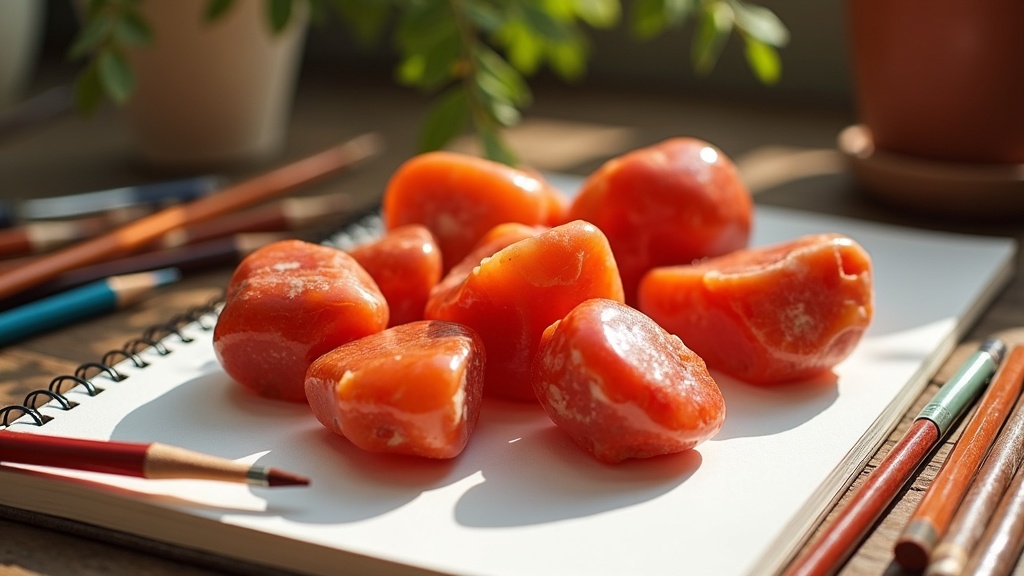 Carnelian stone in sunlight surrounded by creative materials