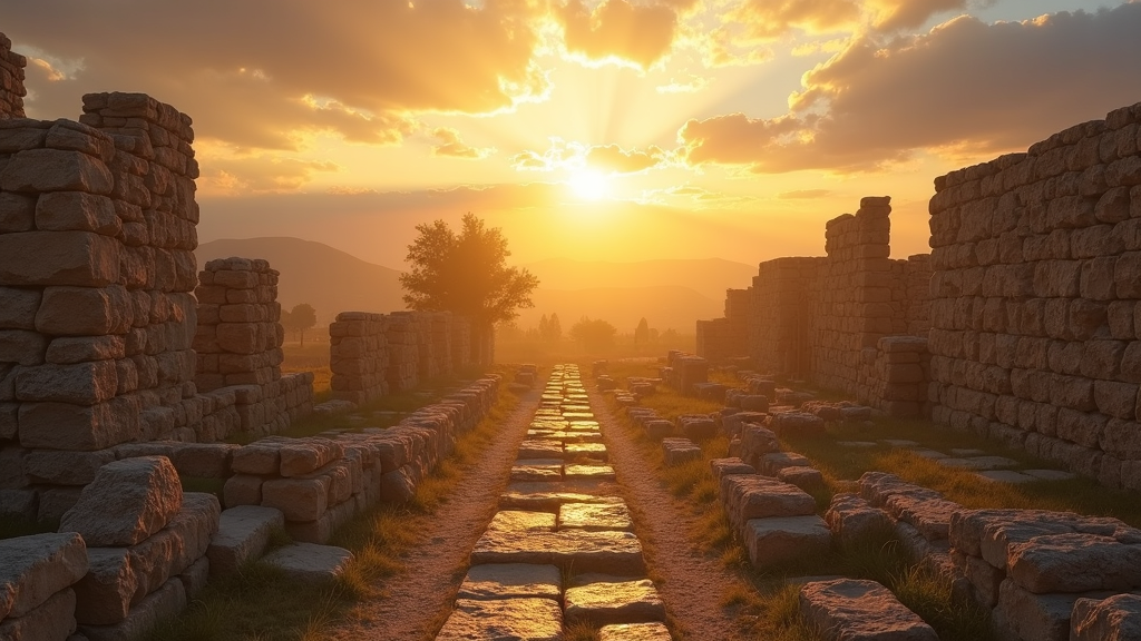 Golden sunlight streaming through ruins of ancient Pergamum, highlighting intricate stone works and dramatic skies