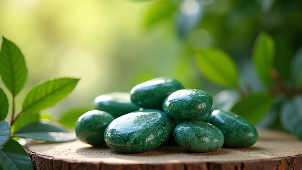 Green aventurine tumbled stones on a natural wooden surface surrounded by green leaves and dappled sunlight.