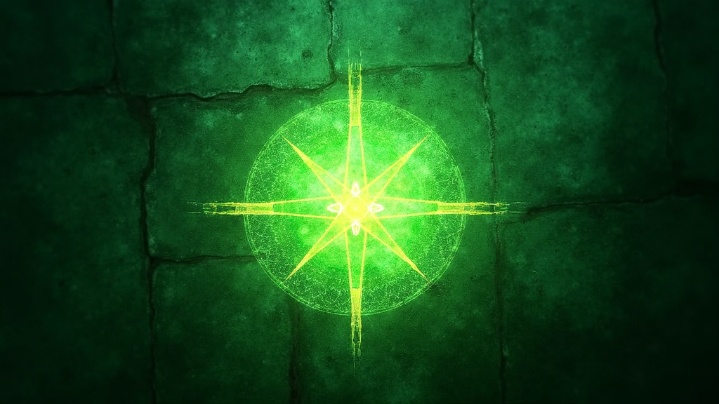 Green, luminous geometric pattern symbolizing the heart chakra, overlaid on a textured ancient stone background, cosmic energy radiating outward