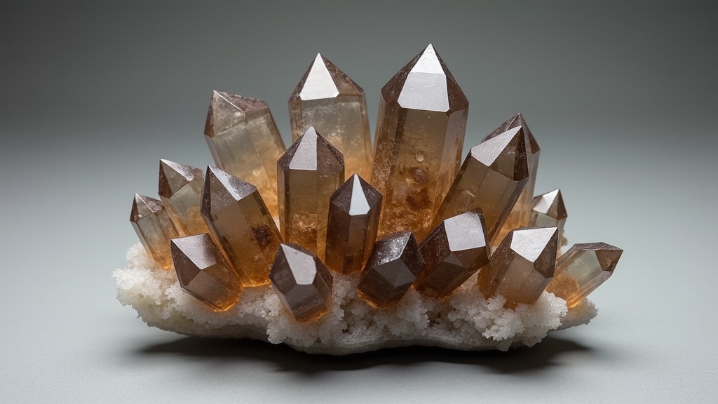 Natural smoky quartz crystal cluster on a neutral background