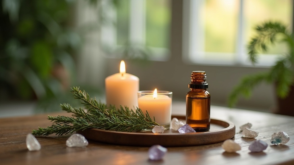 A bottle of cypress essential oil with cypress branches and a candle on a wooden tray, surrounded by crystals and greenery, in a softly lit room