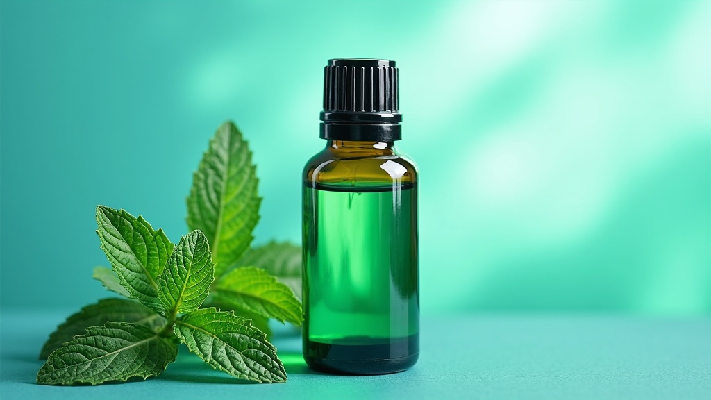 A bottle of spearmint essential oil with fresh mint leaves beside a vibrant blue and green chakra illustration