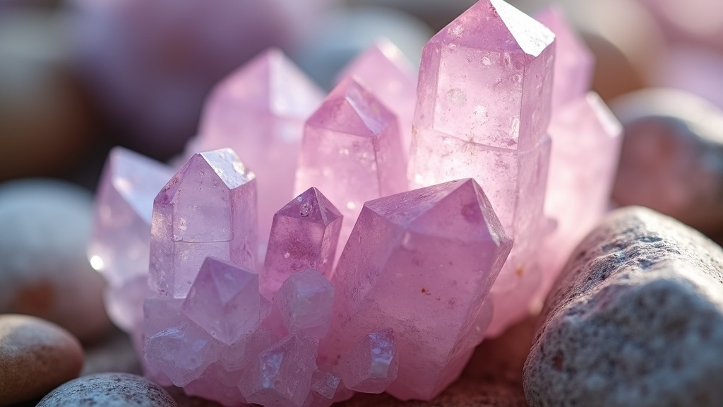 A close-up image of kunzite crystals, showing their delicate pink to lilac hues, surrounded by natural stones and soft light.