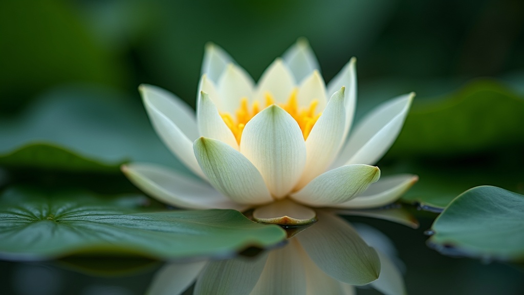 A close-up of a blooming sacred lotus flower above calm water, surrounded by green leaves