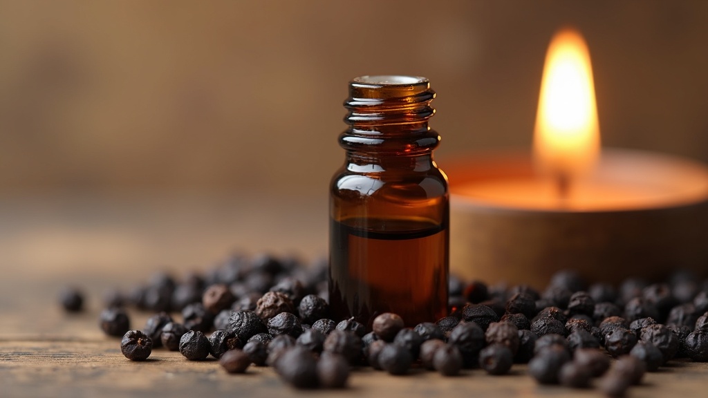 A close-up of a small amber glass bottle of black pepper essential oil, surrounded by black peppercorns, resting on a wooden surface with a blurred candle in the background.