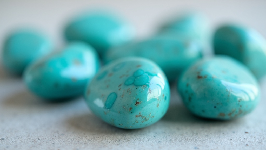 A close-up of several polished turquoise stones on a neutral background.