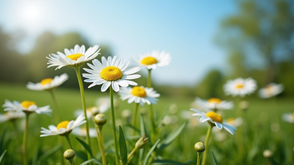 A cluster of German chamomile flowers growing in a natural garden setting with sky and greenery in the background.