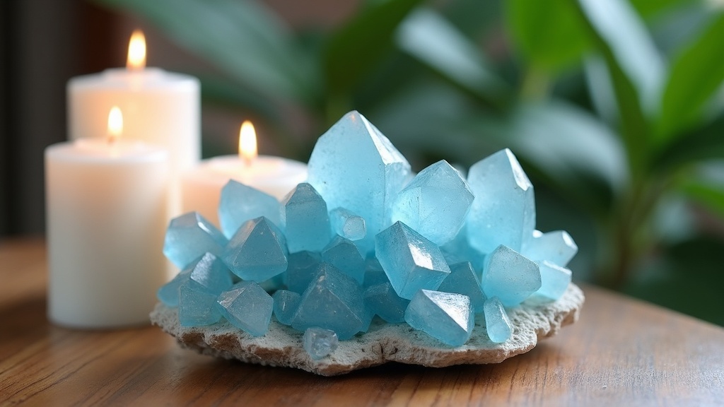 A cluster of raw blue celestite crystals resting on a wooden table beside white candles and green leaves.