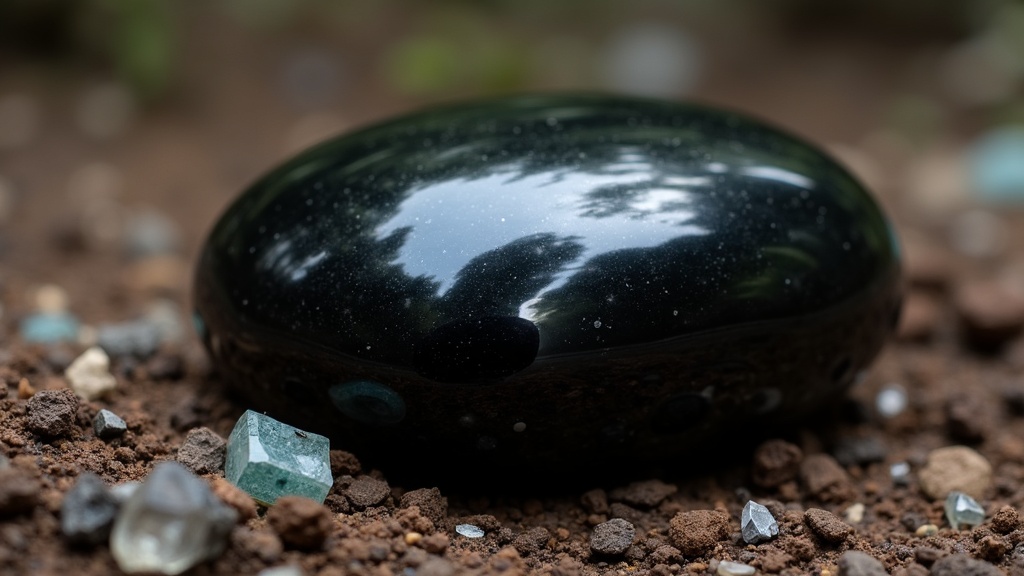 A polished black obsidian crystal on a natural background, surrounded by earth and small stones.