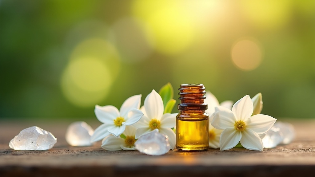 A small glass bottle of jasmine essential oil beside scattered white jasmine flowers, candlelight and crystals on a wooden table
