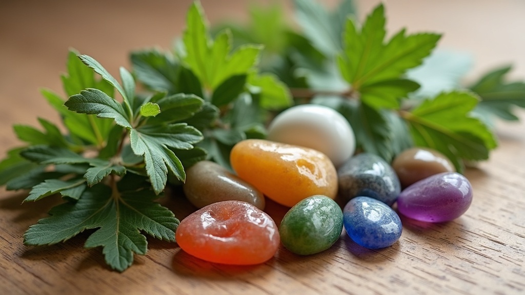 A still life of fresh angelica root and leaves arranged beside chakra color stones on a wooden table