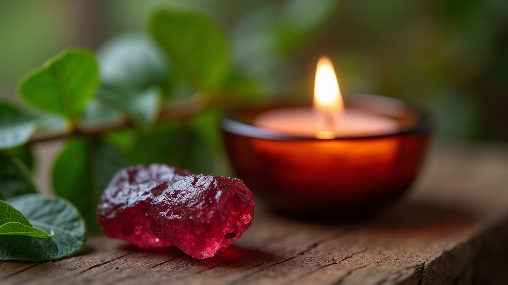A vibrant red garnet stone in a simple natural setting beside green leaves and a candle, symbolizing energy healing and chakras.