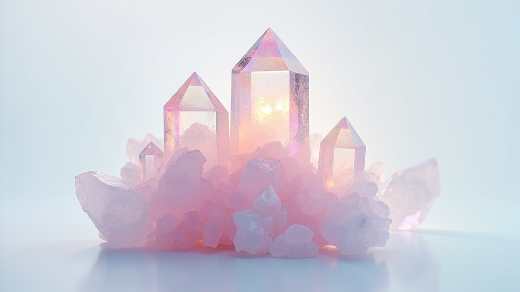 Angel aura quartz cluster on a white background showcasing a rainbow shimmer