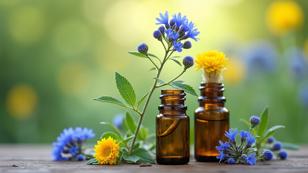 Blue tansy flowers and an amber dropper bottle on a serene natural background