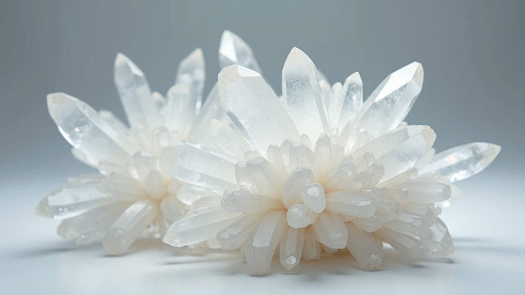 Danburite crystal cluster on a neutral background. Clear, prismatic and luminous.