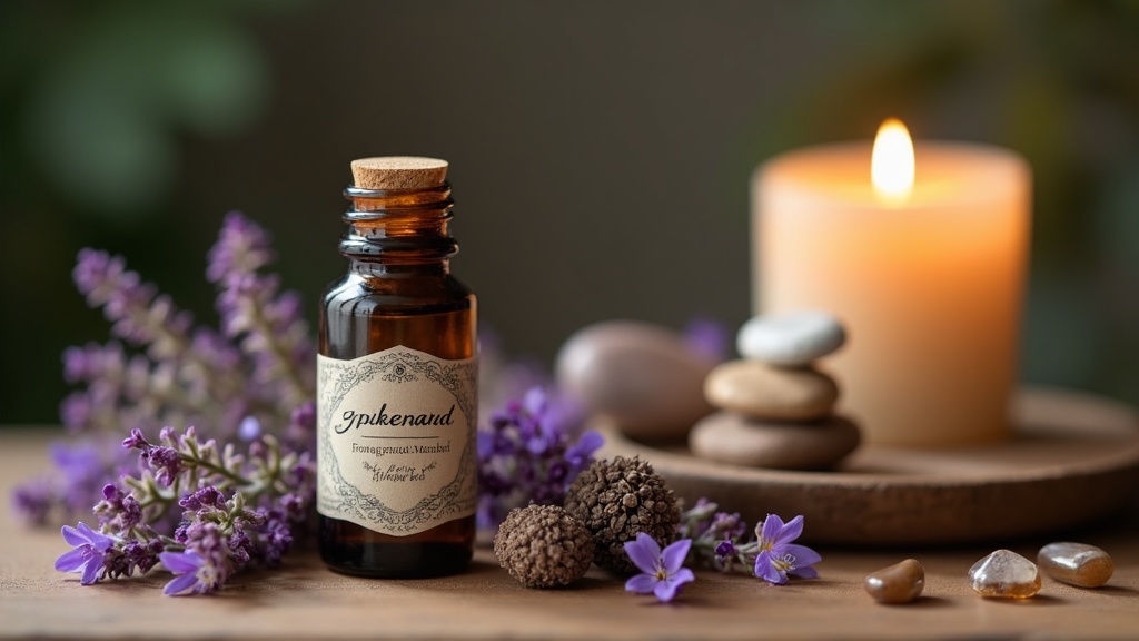 Essential oil bottle with spikenard flowers, crystal, and chakra stones on a wooden table