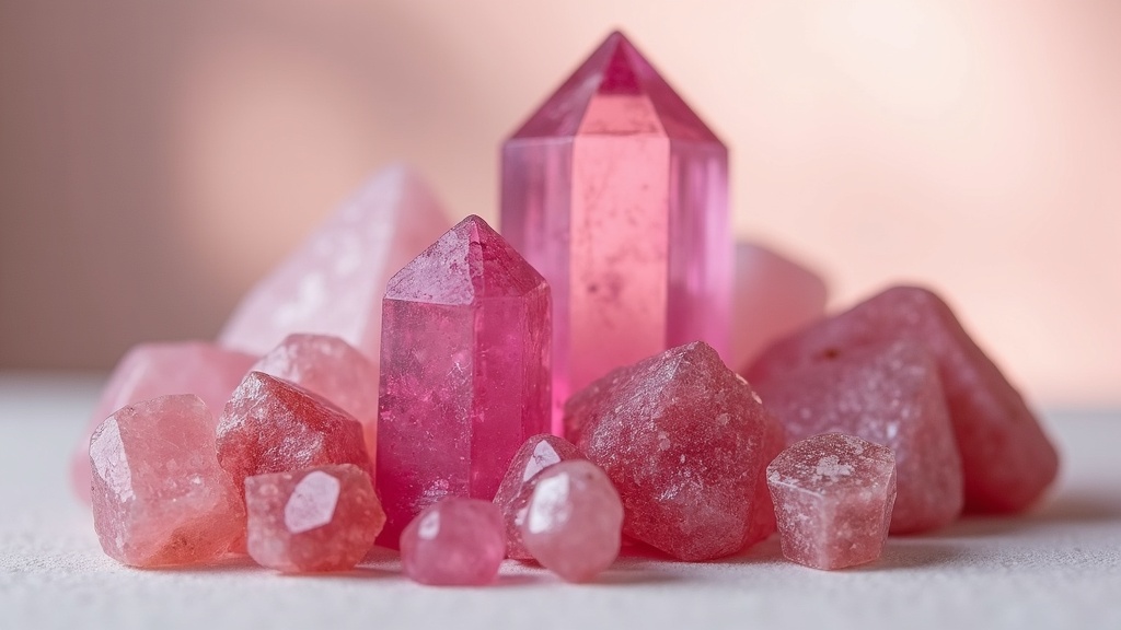 Pink tourmaline crystals and raw stones on a neutral background