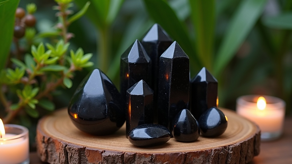 Polished black onyx stones on a wooden platform with softly glowing candle and green foliage in the background