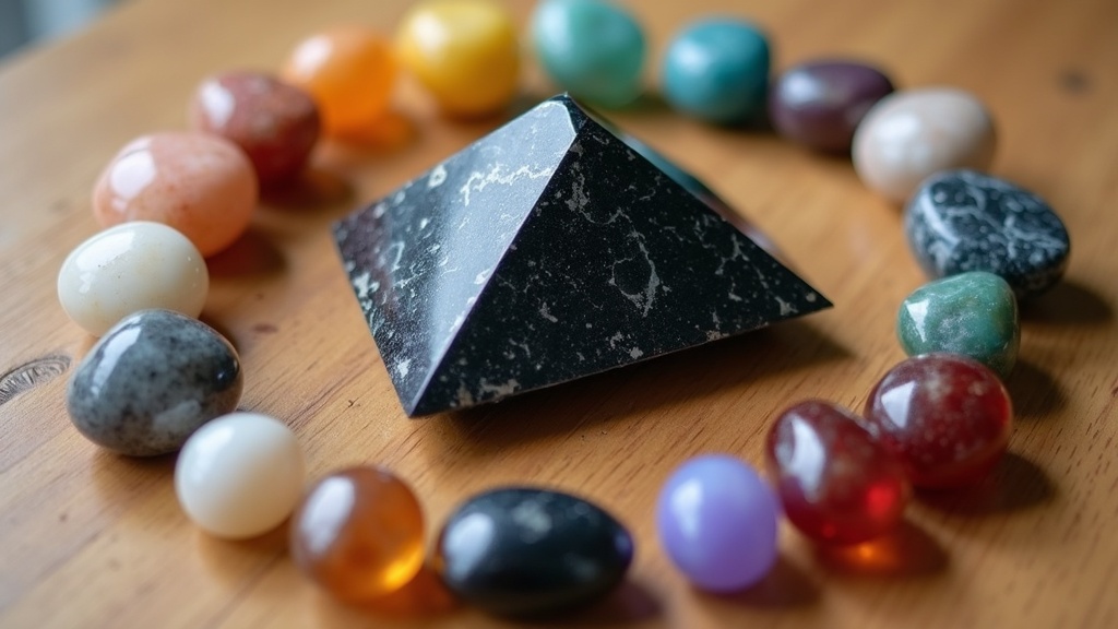 Raw shungite crystal chakra stones on a wooden surface