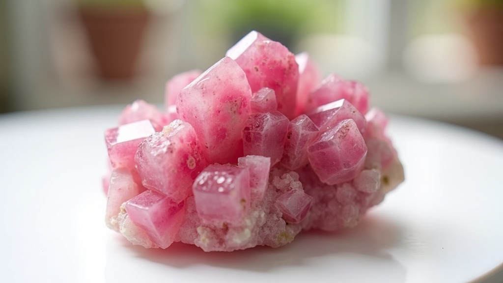 Rhodochrosite stone with pink bands resting on white background