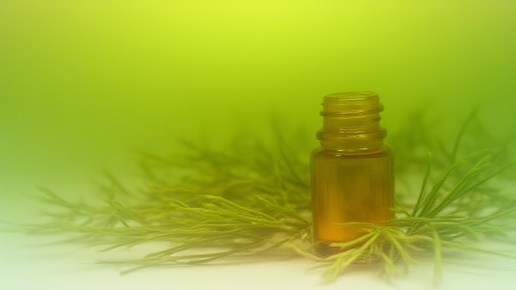 A close view of pine needles and a small glass bottle of pine essential oil, surrounded by natural greenery and sunlight, on a neutral background.