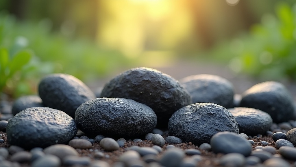 A collection of lava stones on a peaceful natural background with sunlight
