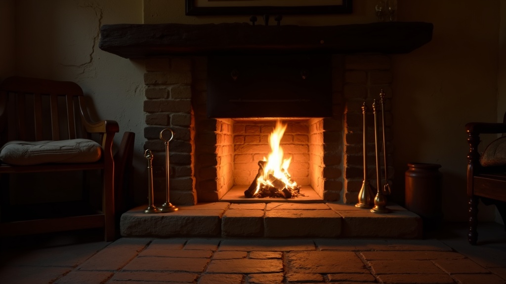 A glowing hearth fire in an old stone fireplace, with simple brass tools and a rustic wooden chair nearby.