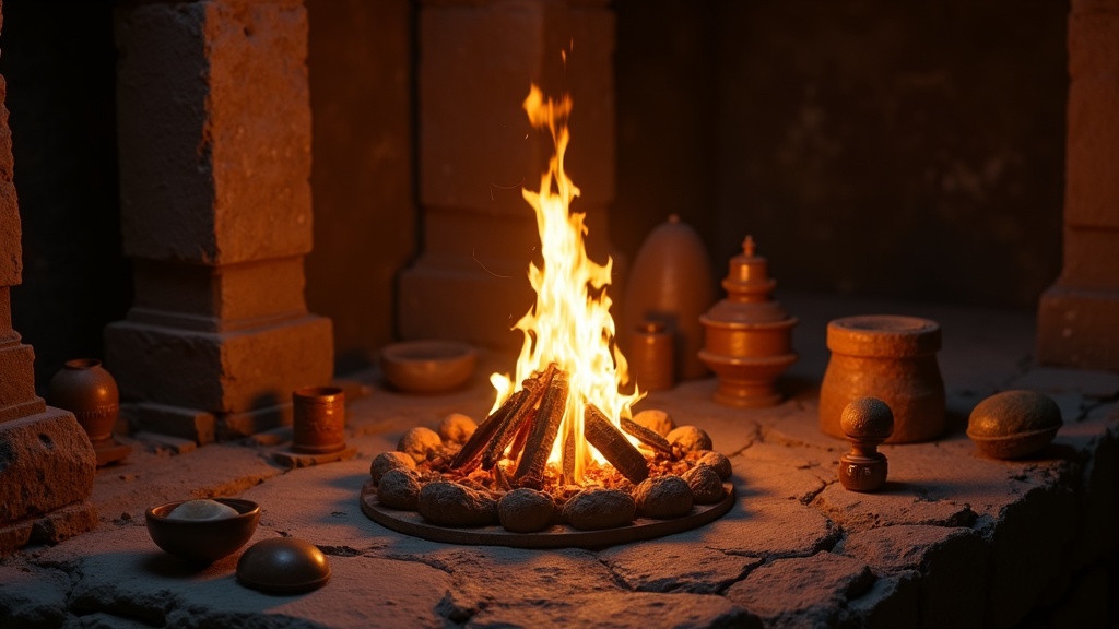 A glowing sacred fire in a ceremonial setting, surrounded by ancient stone and soft light showing relics and ritual objects placed nearby.