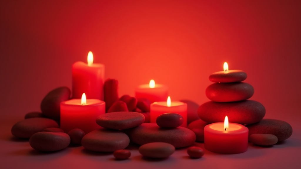 A peaceful arrangement of soft red stones, candles, and chakra healing symbols. Delicate gradients of red light create a calm and soothing atmosphere ideal for meditation and energy work.