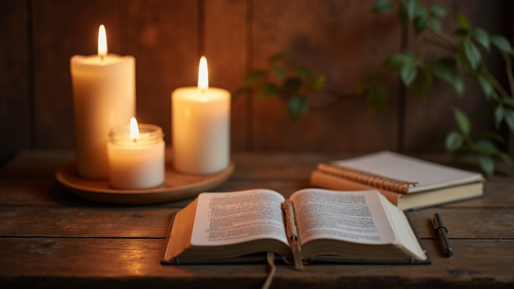 A peaceful scene depicting a spiritual altar with candles, a journal, and an open Bible, symbolizing prayer and spiritual petitioning.