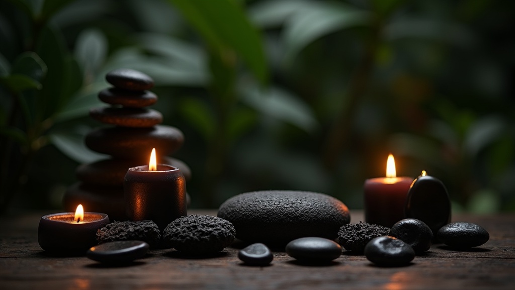 A peaceful space with black crystals and candles arranged for chakra therapy, surrounded by plants and soft shadows.