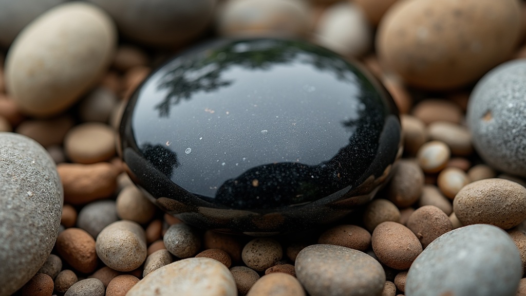 A polished black Jet stone placed on earthy stone background among natural elements