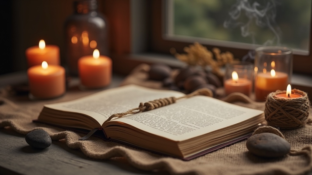 A serene tabletop scene featuring candles, a closed journal, traditional string, and natural stones, surrounded by gentle incense smoke and soft spiritual objects