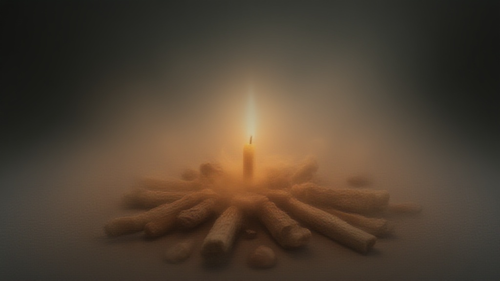 A simple arrangement of palo santo sticks, chakra stones, and a burning candle, surrounded by gentle wisps of aromatic smoke.