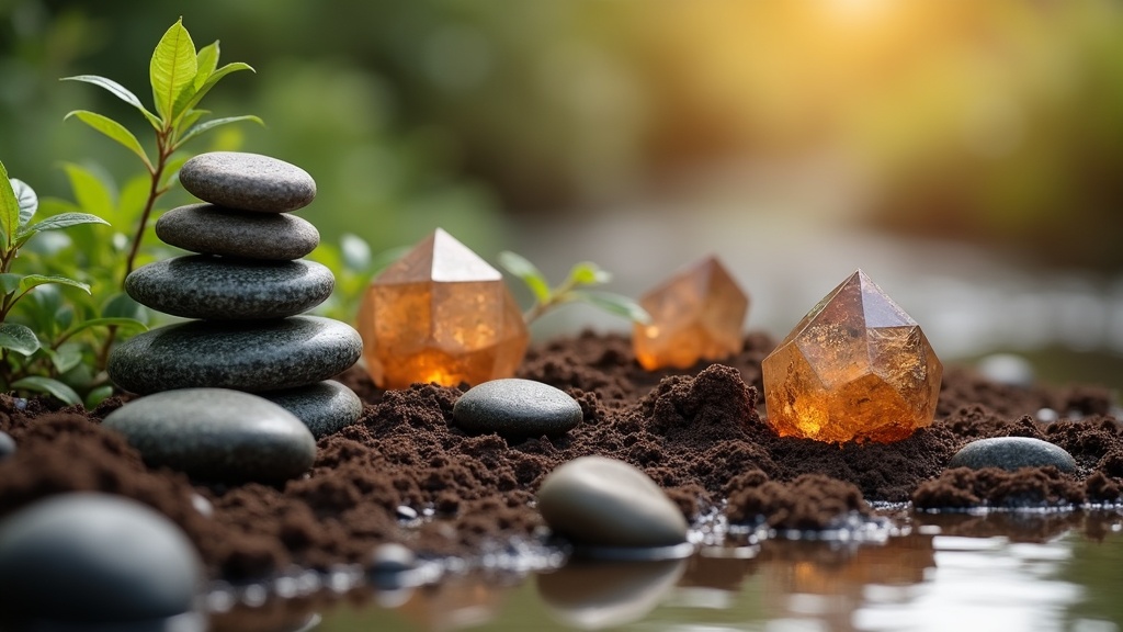 A tranquil, earthy setting featuring river stones, soil, and brown crystals in natural light, conveying grounded and peaceful energy.