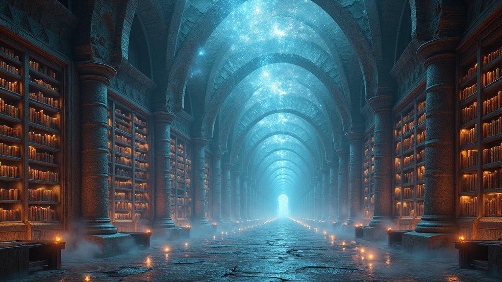 A vast, imaginary cosmic library made of swirling light and mist, with endless rows of books and glowing pathways